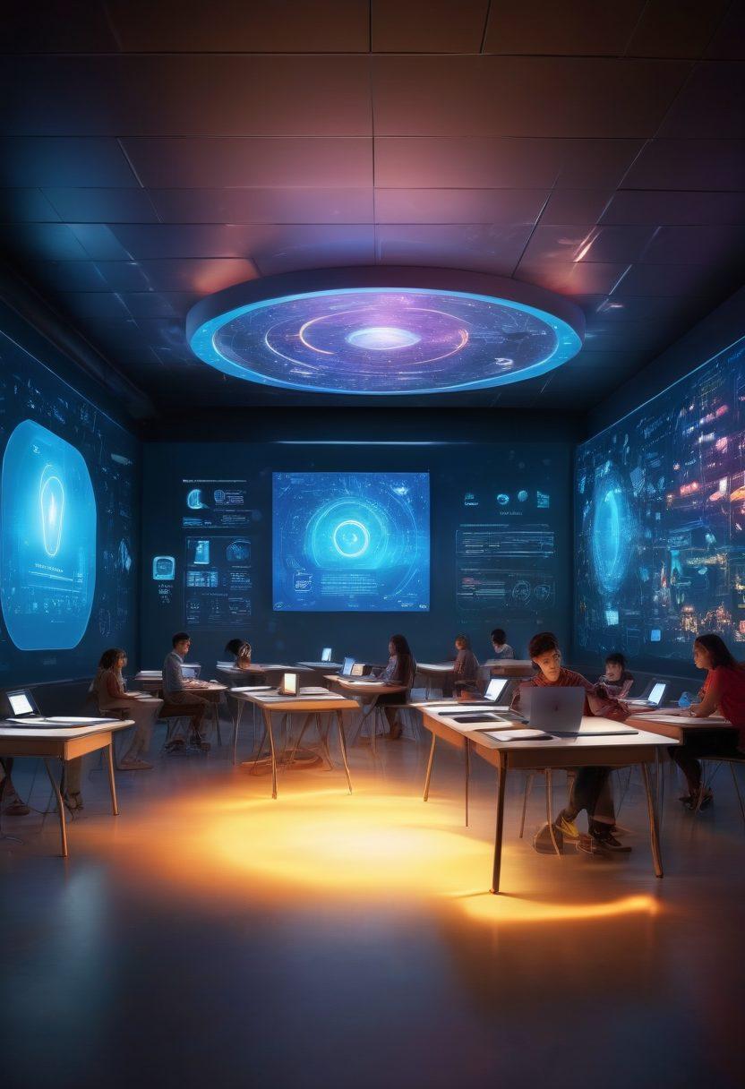 A futuristic classroom featuring diverse students engaging with compact learning tools, like holographic interfaces and interactive tablets. Surround them with vibrant colors and imaginative educational elements, such as floating books and digital timelines. Emphasize personalization, with each student showcasing their unique learning paths and styles. Include a glowing lock symbol that represents 'unlocking' potential. surrealistic. vibrant colors. dynamic composition.