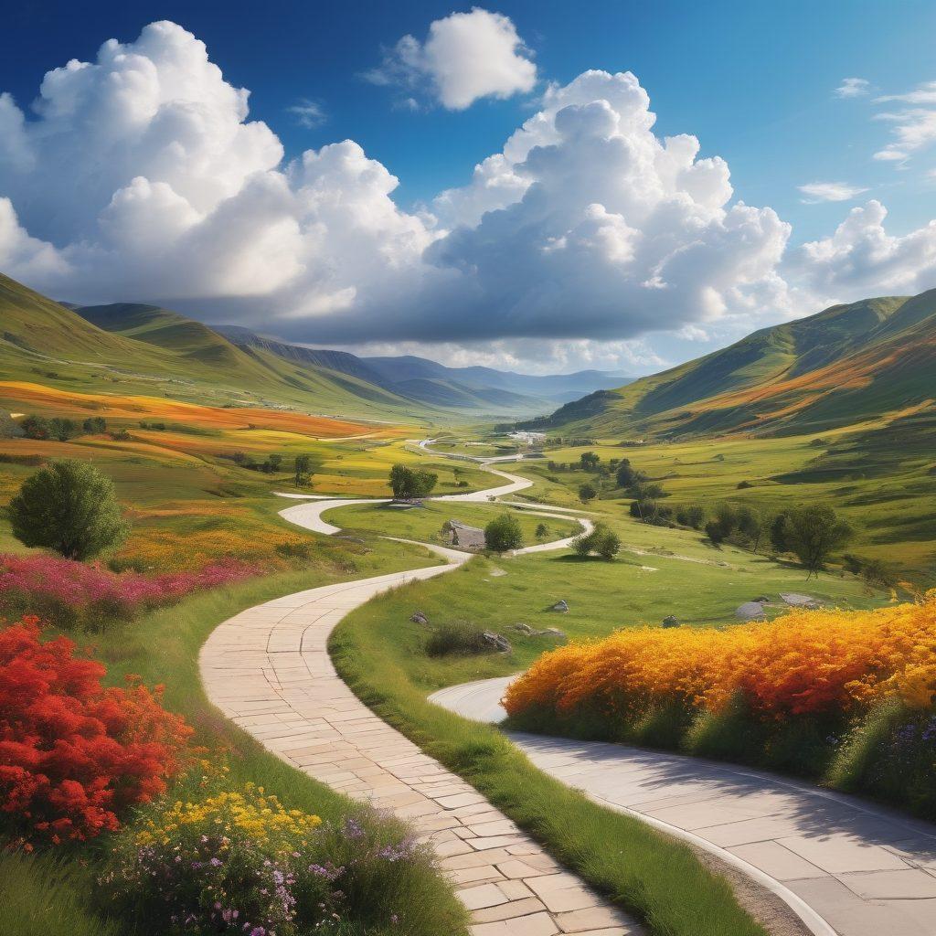 A winding road leading through a scenic landscape, symbolizing the journey of education. Along the road, milestones labeled with various learning styles and subjects. Include diverse students engaging in different learning activities, showcasing tailored education methods. Incorporate a bright, positive sky with fluffy clouds to evoke hope and achievement. vibrant colors. super-realistic.